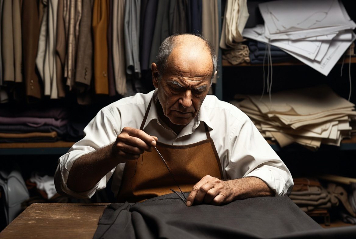 Master tailor hand-stitching a garment in the workroom