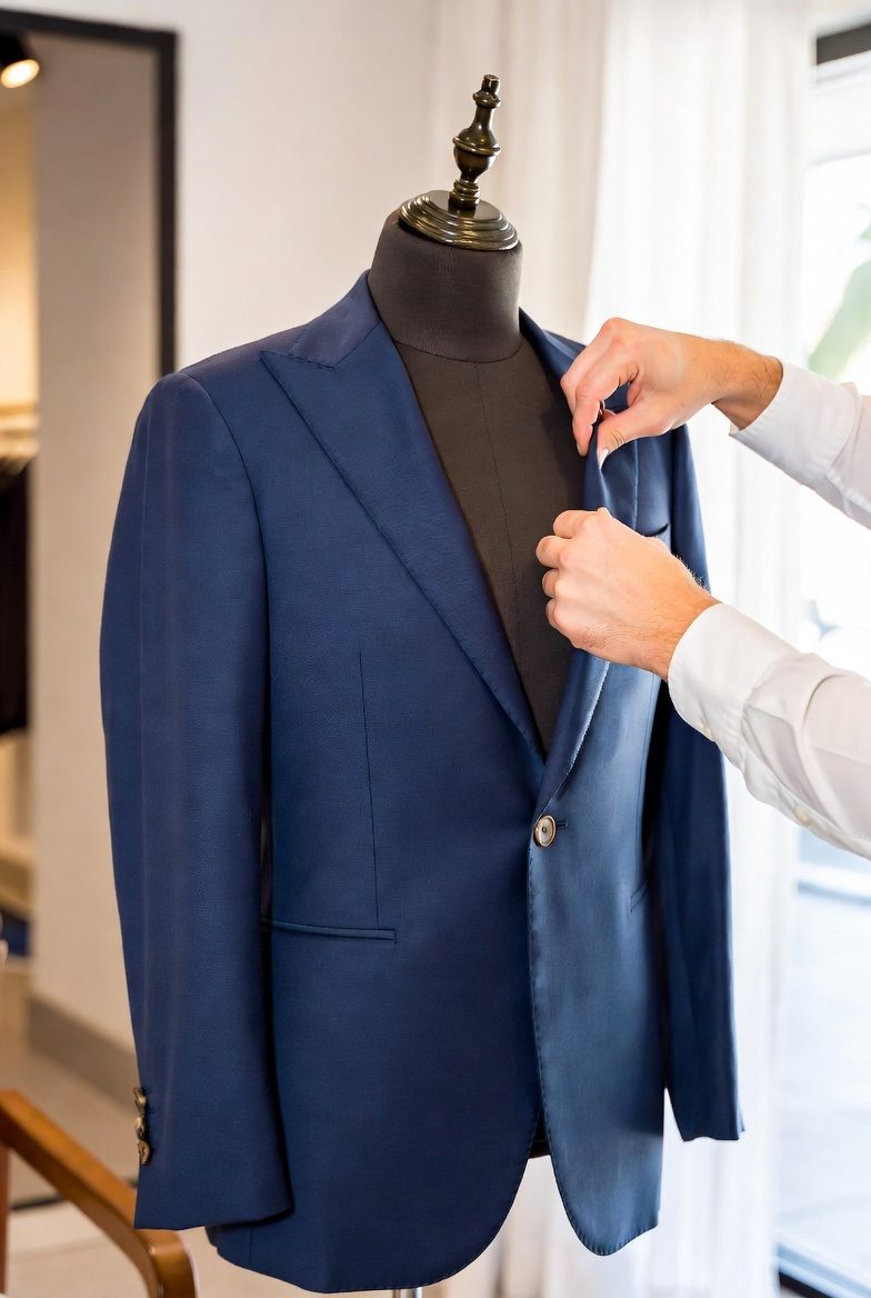 Tailor adjusting a navy suit jacket on a mannequin at Aventura Tailors